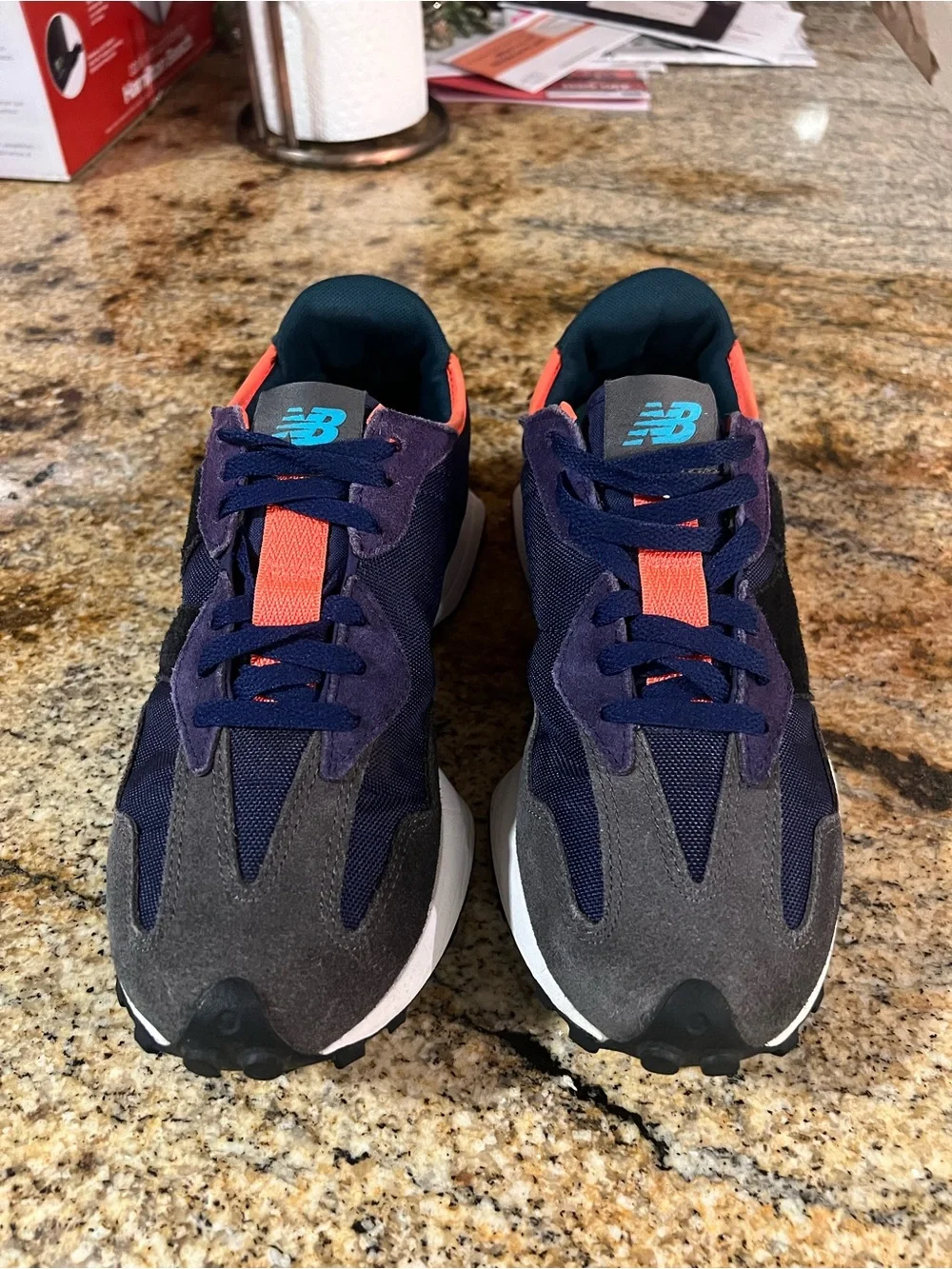 New Balance navy, gray & black sneakers with coral trim